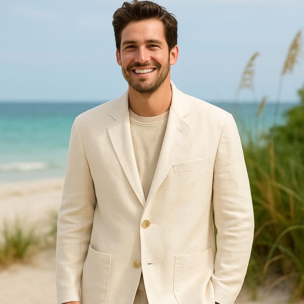 ANDREW FEZZA Men’s Coastal Casual Summerwear Cream Linen‎ Blend Blazer XL